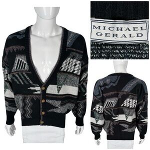 Michael Gerald Cardigan Mens Medium Sweater Geometric Preppy Collegiate Vintage